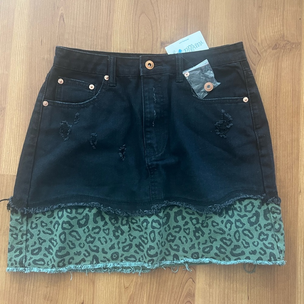 NWT - Black Denim Mini Skirt with Olive Cheetah - Size M